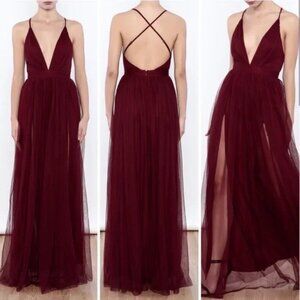 Luxxel burgundy gown crisscross straps/halter neckline/ gauzy overskirt/medium